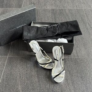Via Spiga Black and Silver Strappy Slingback Heels